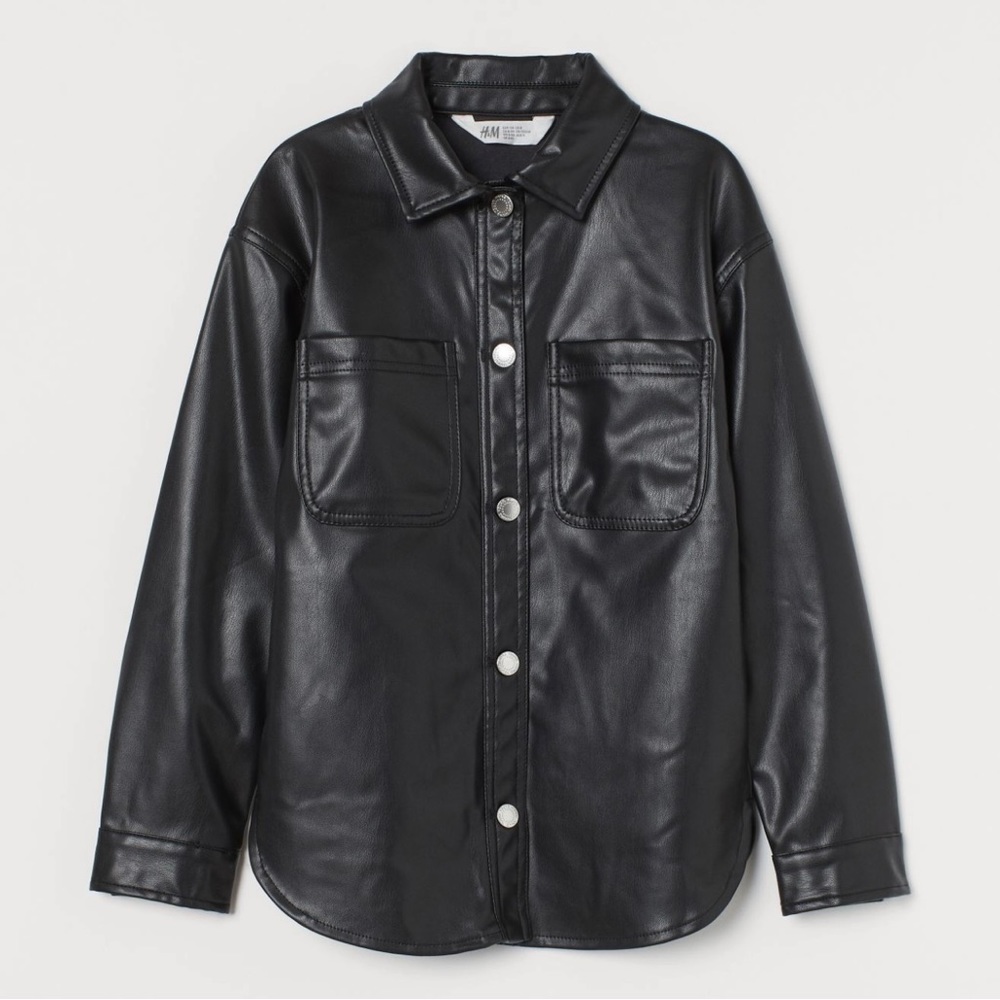 NEW H&M BLACK FAUX LEATHER SHIRT JACKET (SIZE 8)